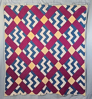 Antique c1900 Virginia Worm Fence Quilt measuring 69 by 76 inches. It is comprised of 12 blocks 