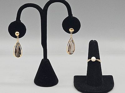 14K Smoky Quartz Earrings and Pearl Ring. The lot includes a pair of 14K yellow gold framed