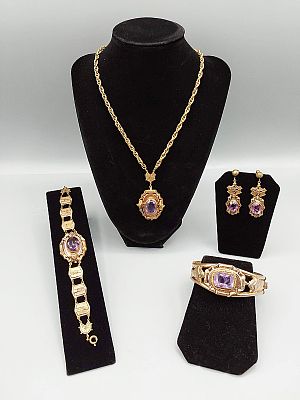 19th Century Brass and Amethyst Demi Parure. The lot includes a 19th century stamped brass and