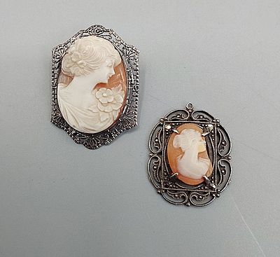 Vintage 1930s Sterling Cameo Brooch and Pendant. The lot includes a vintage c1930s sterling