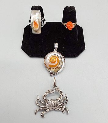 Group of Shell and Coral Sterling Jewelry. The lot includes a variety of sterling, shell, and