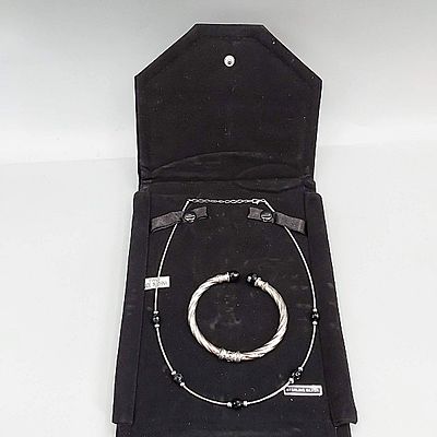 Onyx and Hematite Grouping. Marked 925 sterling 17.5" necklace with faceted hematite beads and a