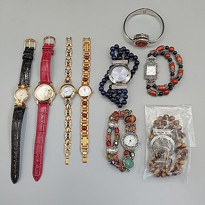 9 Quartz Driven Watches. To include three Lee Sands watches with amber and other stones; A
