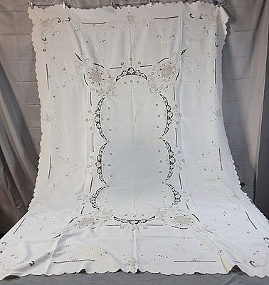 Vintage White Hand Embroidered Tablecloth. The vintage white embroidered linen tablecloth is 