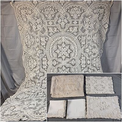 Vintage Needle Lace Tablecloth and Napkins. This lot includes 1 needle lace tablecloth, 12 