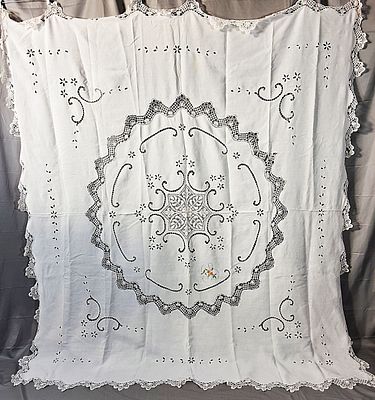 Vintage Linen Tablecloth with Needle Lace Edges. The tablecloth measures 80"x88" and it has a 