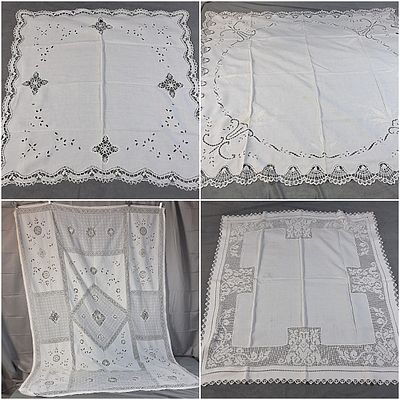 4 Vintage Linen Tablecloths with Decorative Hems. There is a vintage white linen tablecloth 