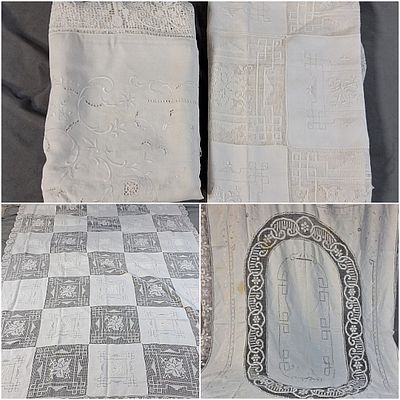 Pair of Vintage Linen Tablecloths with Needlelace. There is a vintage linen tablecloth with 
