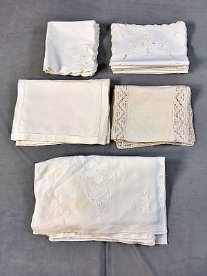 5 Sets of Vintage Linen Napkins. Included is a set of 8 vintage white linen napkins with 
