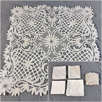 5 Vintage White Linen Tablecloths with Needlelace. There is a white needle lace square 