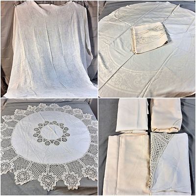 Group of 4 Vintage Round Linen Tablecloths. There is a round tatting lace white linen 