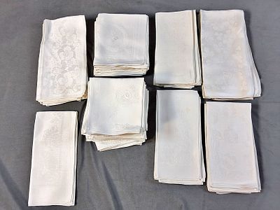 Group of Vintage Damask/Monogrammed Linen Napkin Sets. There are 7 linen napkin sets and 1 lone 