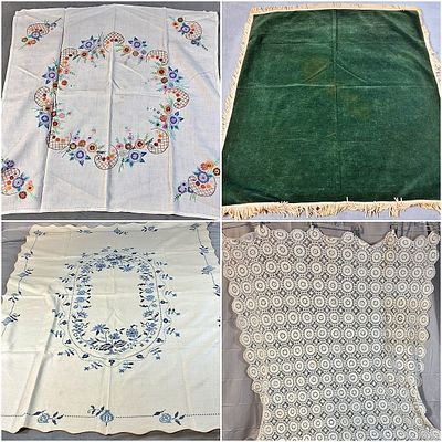 Group of 4 Vintage Mixed Tablecloths. There are 2 hand embroidered tablecloths, 1 velvet 