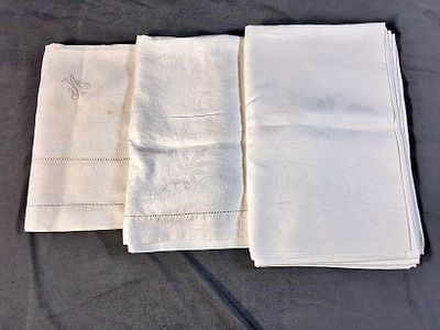 3 Vintage Damask/Monogrammed Linen Tablecloths. There is a white linen damask tablecloth that 