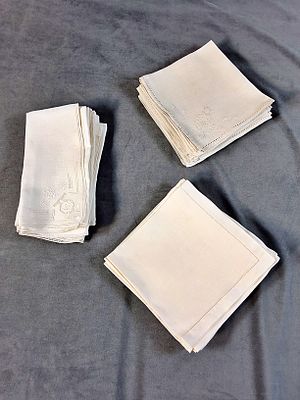 3 Sets of Vintage Linen Napkins. There is a set of 10 vintage white linen napkins with 
