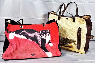 2 Anya Hindmarch Printed Totes. There are 2 Anya Hindmarch printed tote bags with one having a 