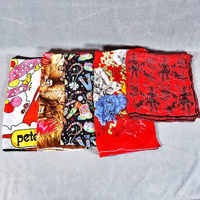 Assortment of Conversational Scarves. There are 5 silk scarves included. A silk scarf made in 