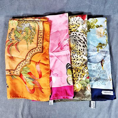 4 Salvatore Ferragamo Silk Scarves. There are 4 silk scarves by Salvatore Ferragamo that were 
