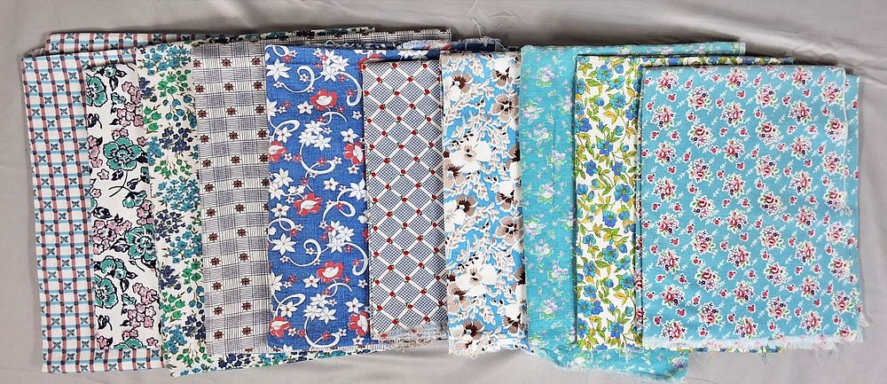 Lot 165: Group of 10 Vintage Printed Feedsacks - Aqua and Blue Florals