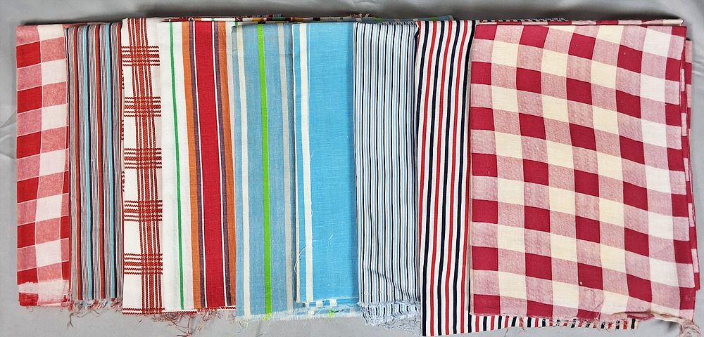Lot 168: Group of 9 Vintage Printed Feedsacks - Red and Blue Stripes