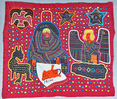 Guna Mola Panel Depicting Nativity Scene with Virgin Mary and Christ Child. Panama (Guna Yala) 