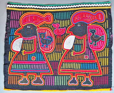 Guna Mola Panel Depicting Women with Traditional Headdresses and Domestic Animals. Panama (Guna 