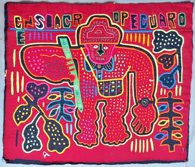 Guna Mola Panel with "En Sacro Pecuario" Inscription. Panama (Guna Yala), circa 1970s15.25 &times; 