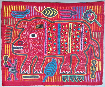 Guna Mola Panel with Bull and Symbolic Border Elements. Panama (Guna Yala), circa 1970s13 &times; 16 