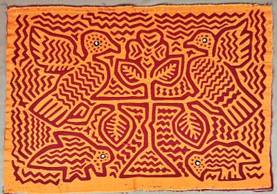 Guna Mola Panel, Four Birds with Central Tree of Life Motif. Panama (Guna Yala), Circa 1960s13 x 