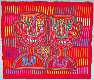 Guna Mola Panel, Paired Spirit Goblets with Serpents. Panama (Guna Yala), Circa 1960s16 x 19 