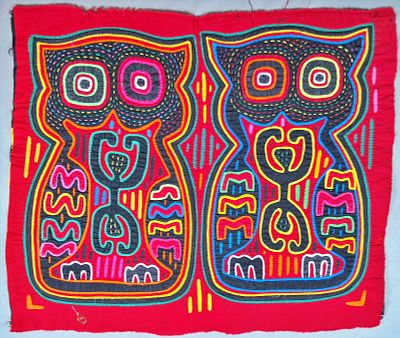 Guna Mola Panel with Twin Owl Figures. Panama (Guna Yala), Circa 197015 &times; 18 inchesA bold mola 