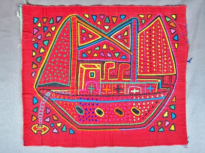 Guna Mola Panel with Sailing Vessel. Panama (Guna Yala), circa 1970s14 &times; 16 inchesA colorful 