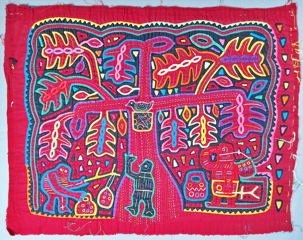 Lot 199: Guna Mola Panel Figures Harvesting Fruit Beneath a Prosperous Tree