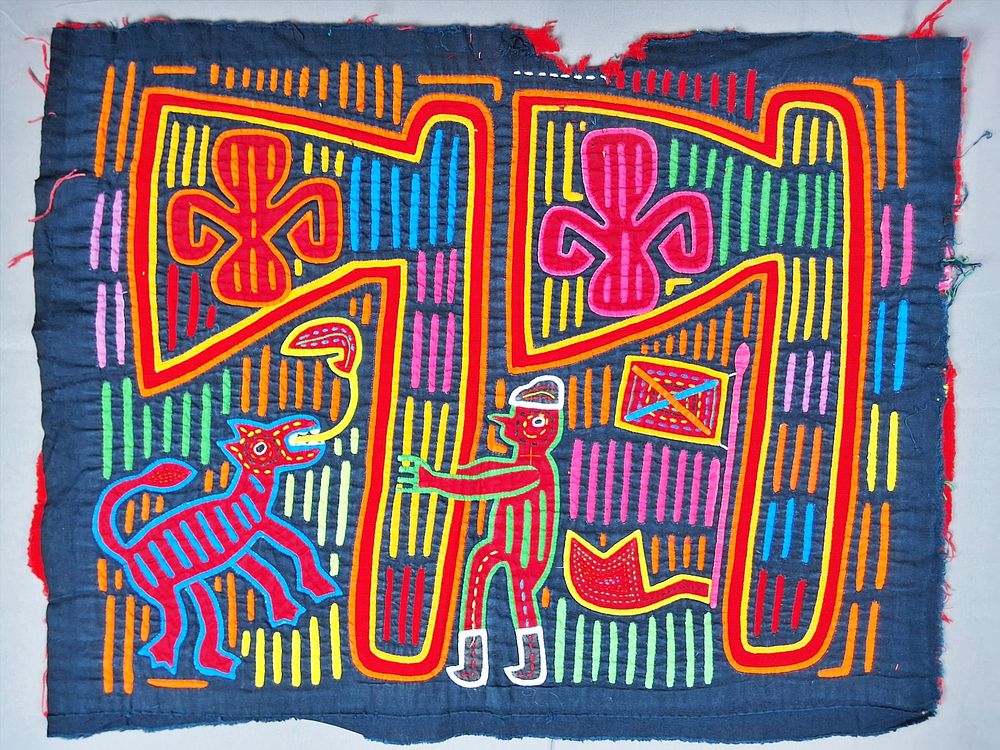 Lot 200: Guna Mola Panel Figure with Animal Beneath Paired Hatchets