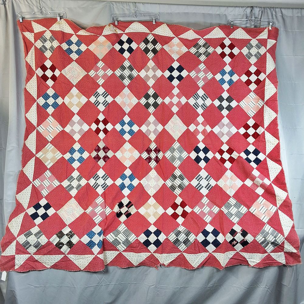 Lot 193: Antique c1900 On Point 9 Patch Quilt Top