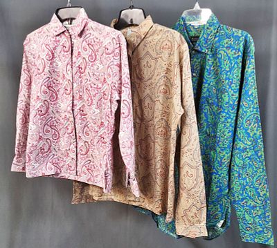 3 Vintage c1960s Mens Paisley Shirts. Vintage blue and green paisley shirt by Abraham and Straus 