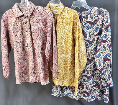 3 Vintage c1960s Women's Paisley Shirts. 3 Vintage shirts all have long sleeves and buttons down 