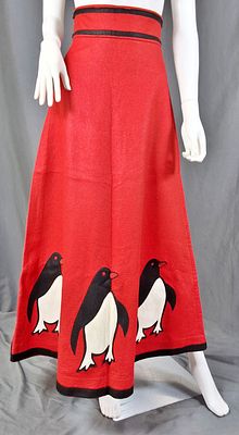 Vintage c1960s Red Felt Skirt. Vintage 1960s red felt skirt sz 12. The skirt features 5 penguins 