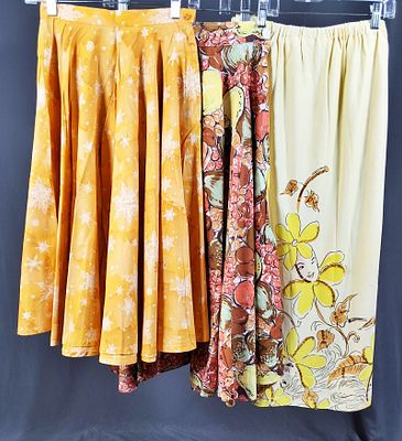 3 Vintage c1960s Conversational Skirts. Vintage yellow skirt with an elastic waistband. At the 