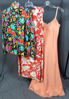 Vintage Shirt, Dress, and Slip. Included is a pink slip, a printed black shirt, and a printed 