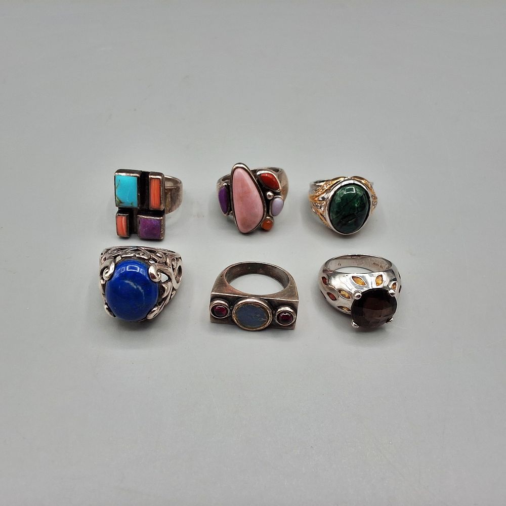 Lot 151: 6 Assorted Sterling & Silver Tone Rings with Stones