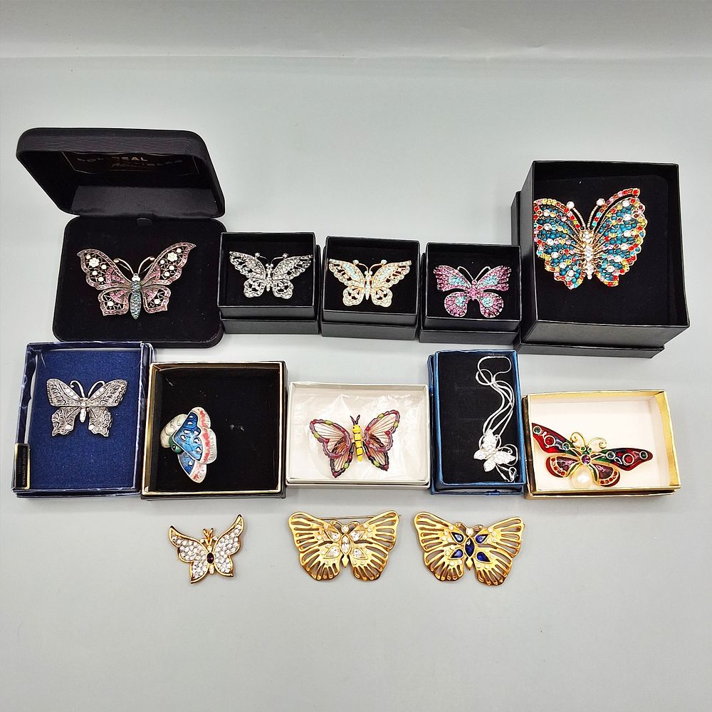 Lot 154: 13 Pieces of Butterfly Themed Jewelry - Rhinestones & More