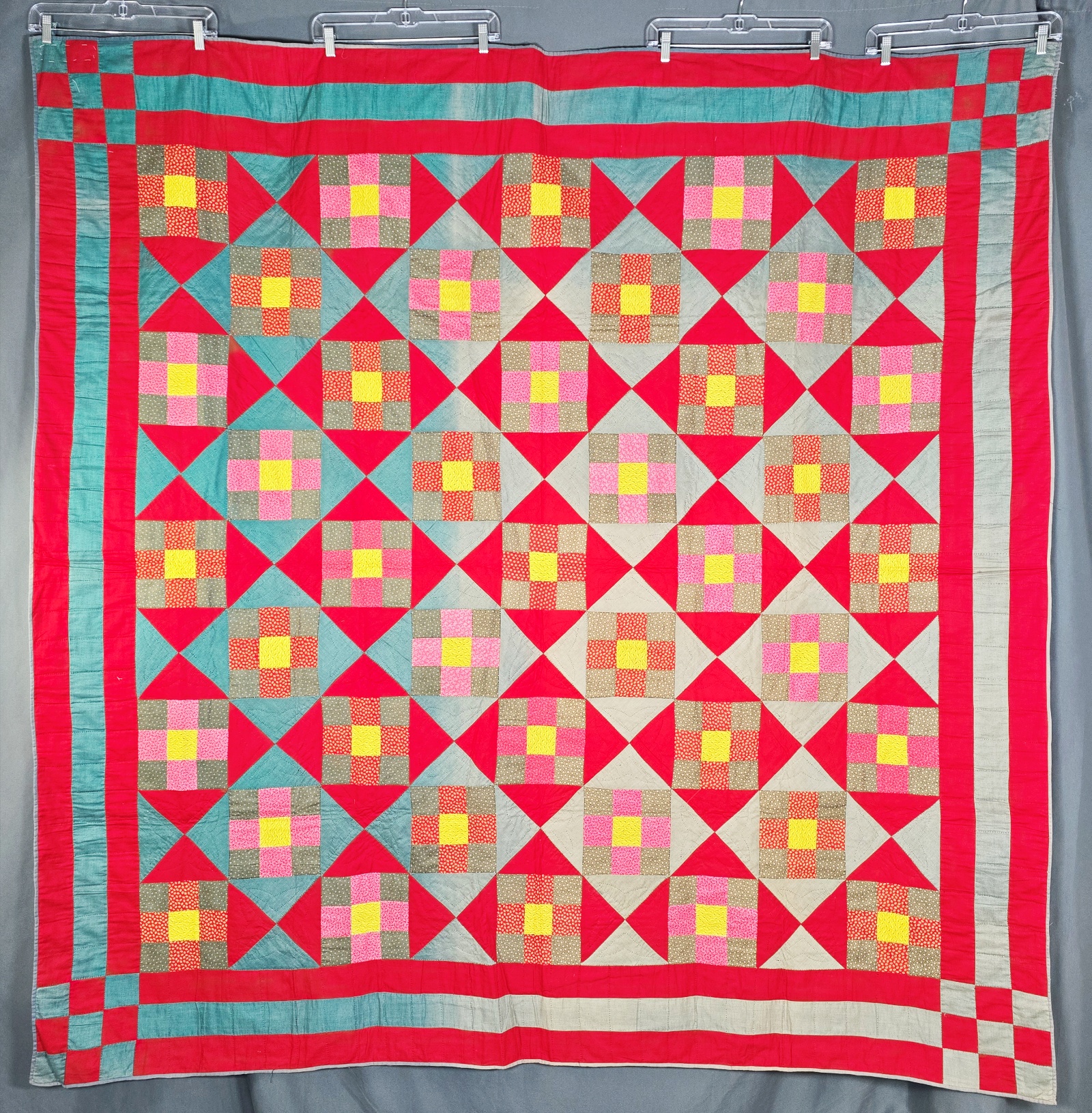 Antique c1900 9 Patch Quilt in Flying X