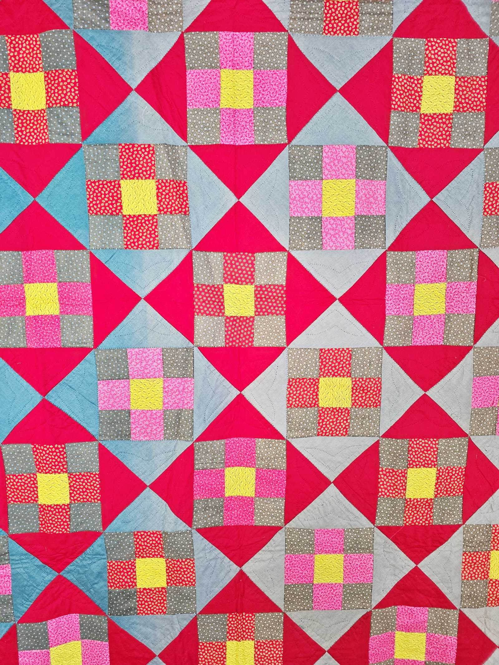 Antique c1900 9 Patch Quilt in Flying X