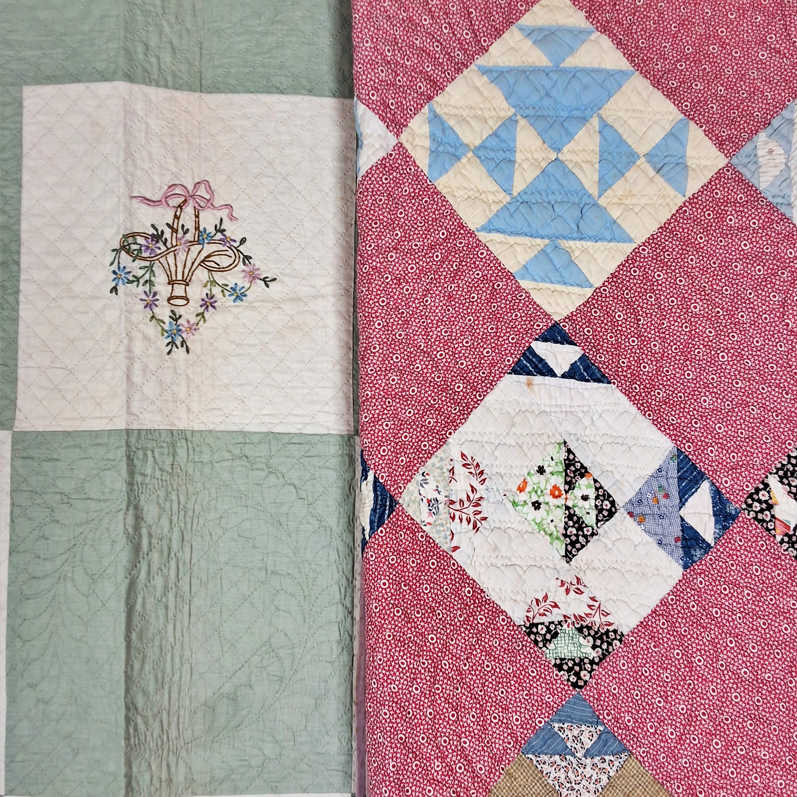 2 Vintage c1940 Quilts - Basket, Hole in Barn Door