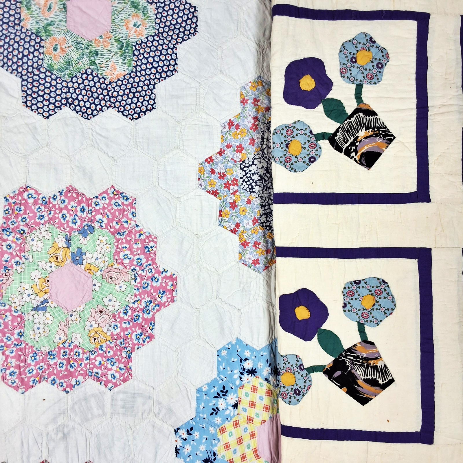 2 Vintage c1940 Flower Quilts