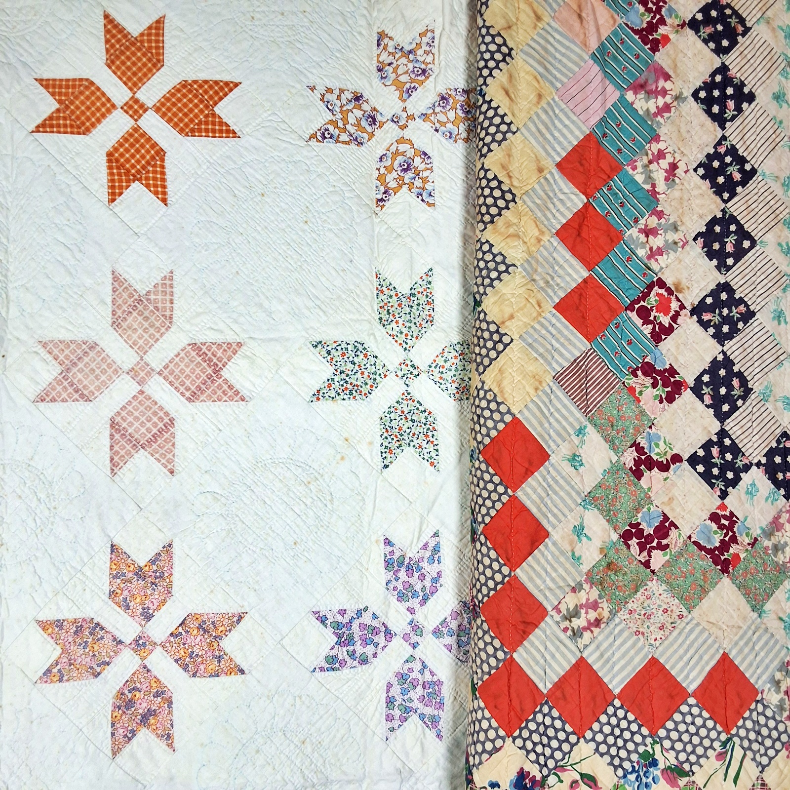 2 Vintage c1940 Quilts - Trip Around the World, Greek Cross