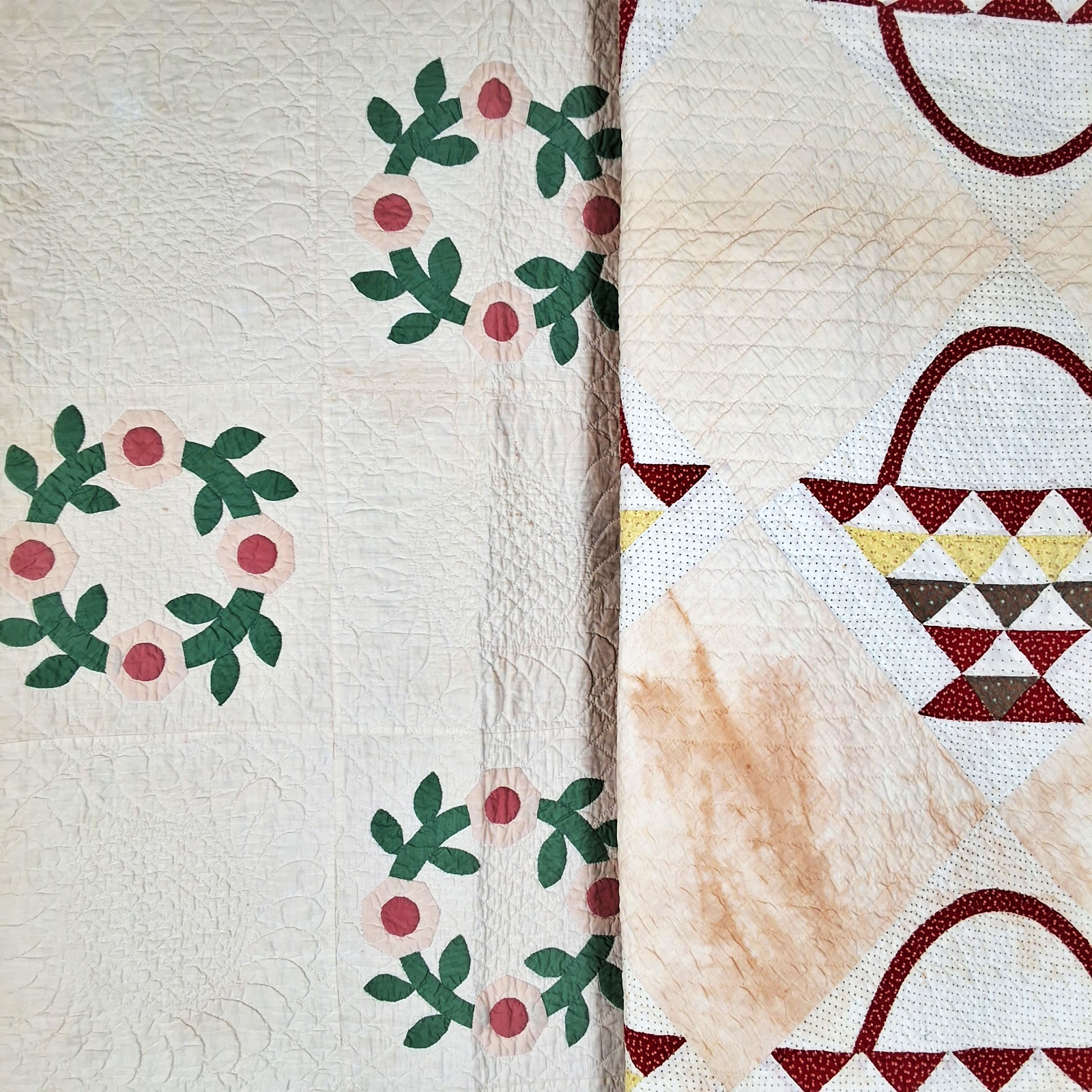 2 Vintage Quilts - Rose Wreath, Basket