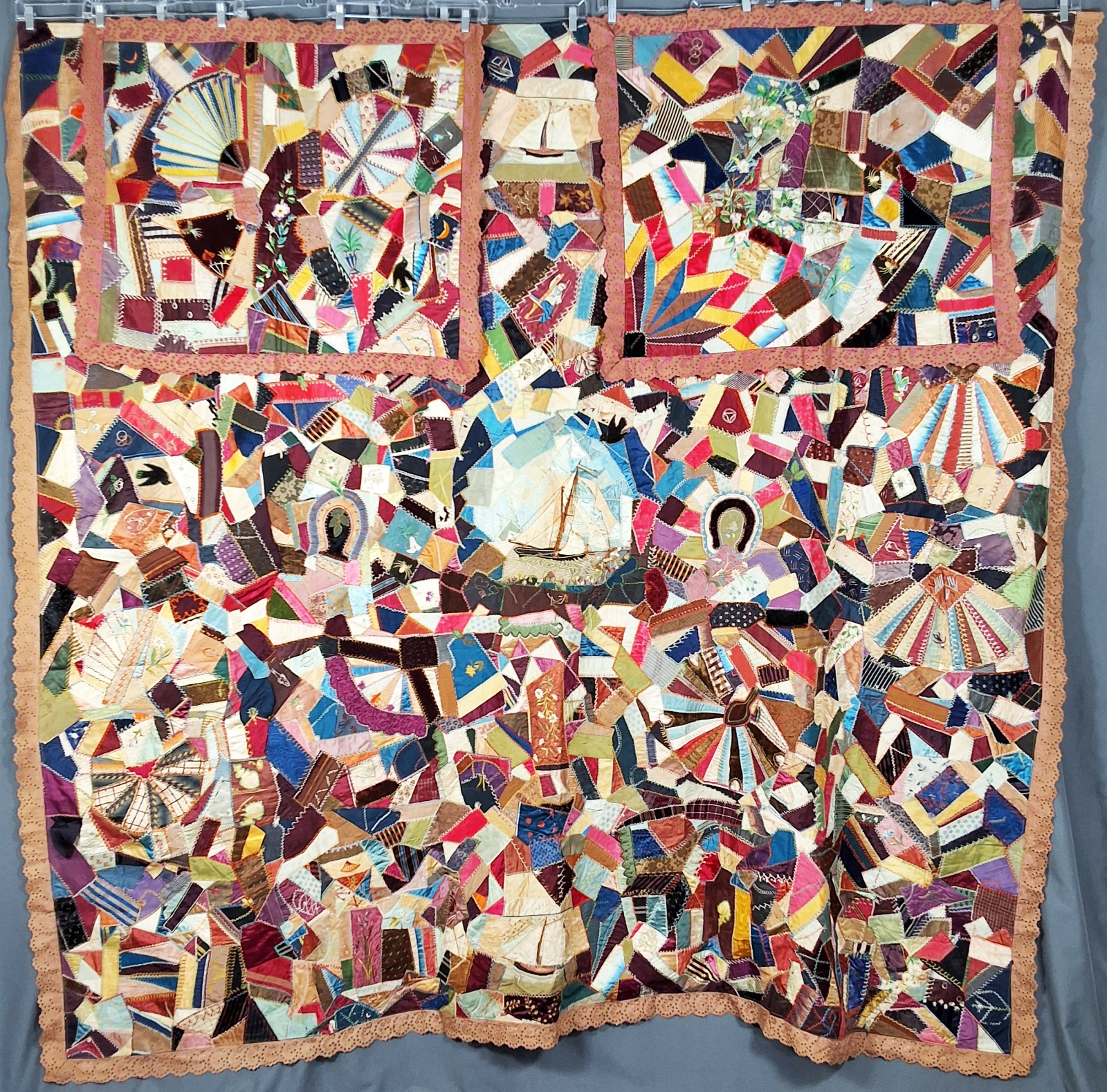 Antique 1880s Crazy Quilt with Pillow Covers - Nautical Theme
