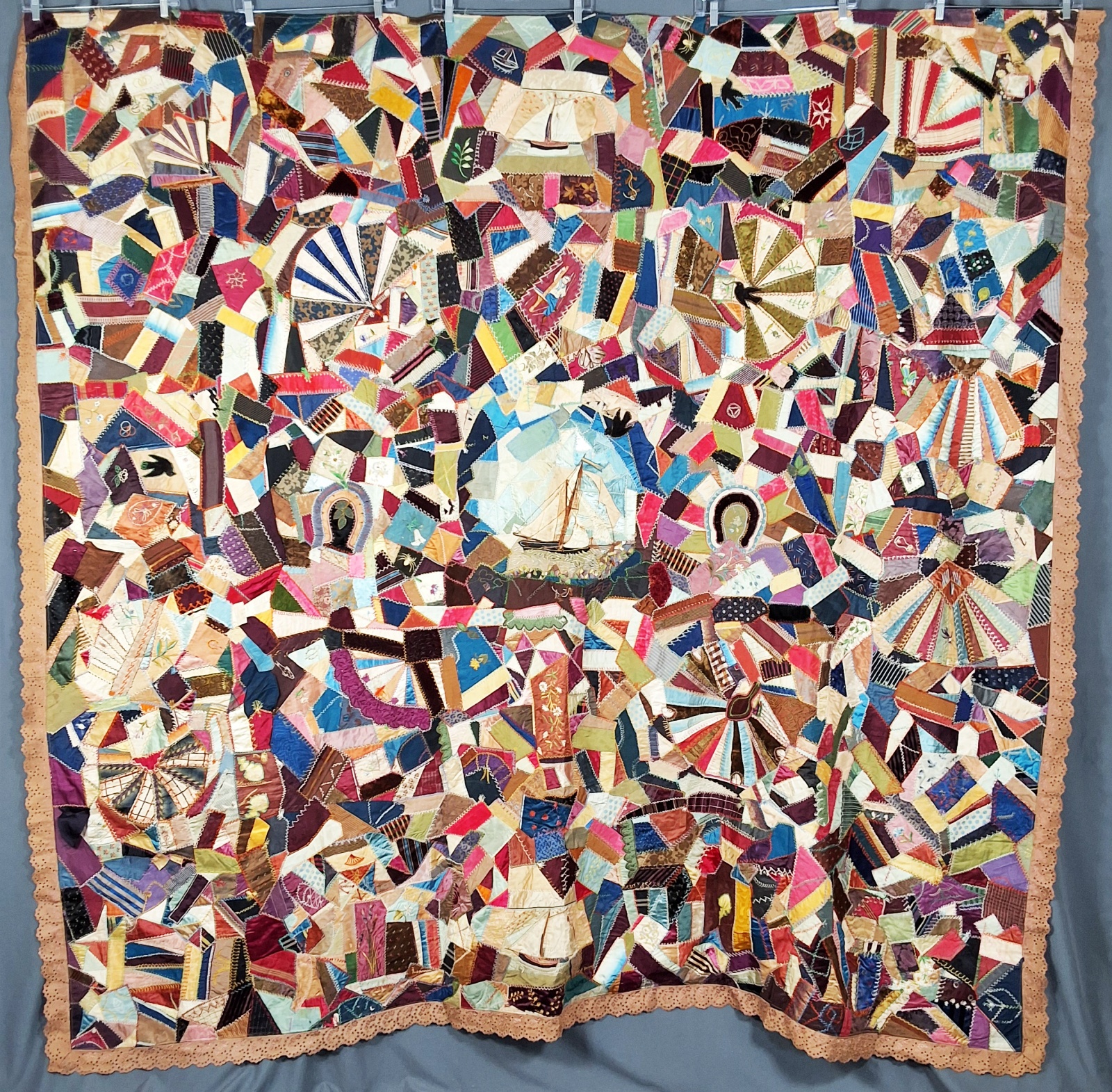 Antique 1880s Crazy Quilt with Pillow Covers - Nautical Theme